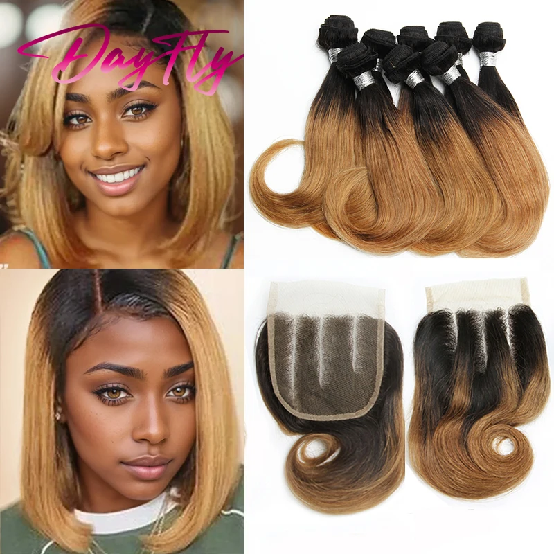 Malaysian Human Hair Bundles with Closure Blonde Bundles with 4x4 Closure 8 pcs Curly Hair Extensions And Closure Preplucked