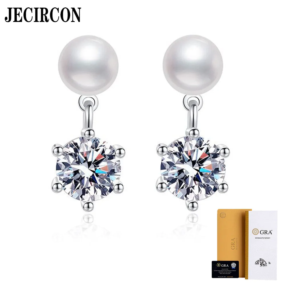 JECIRCON S925 Sterling Silver Earrings for Women 6MM Natural Freshwater Pearl Studs Classic 6 Claw 1ct Moissanite Ear Pendants