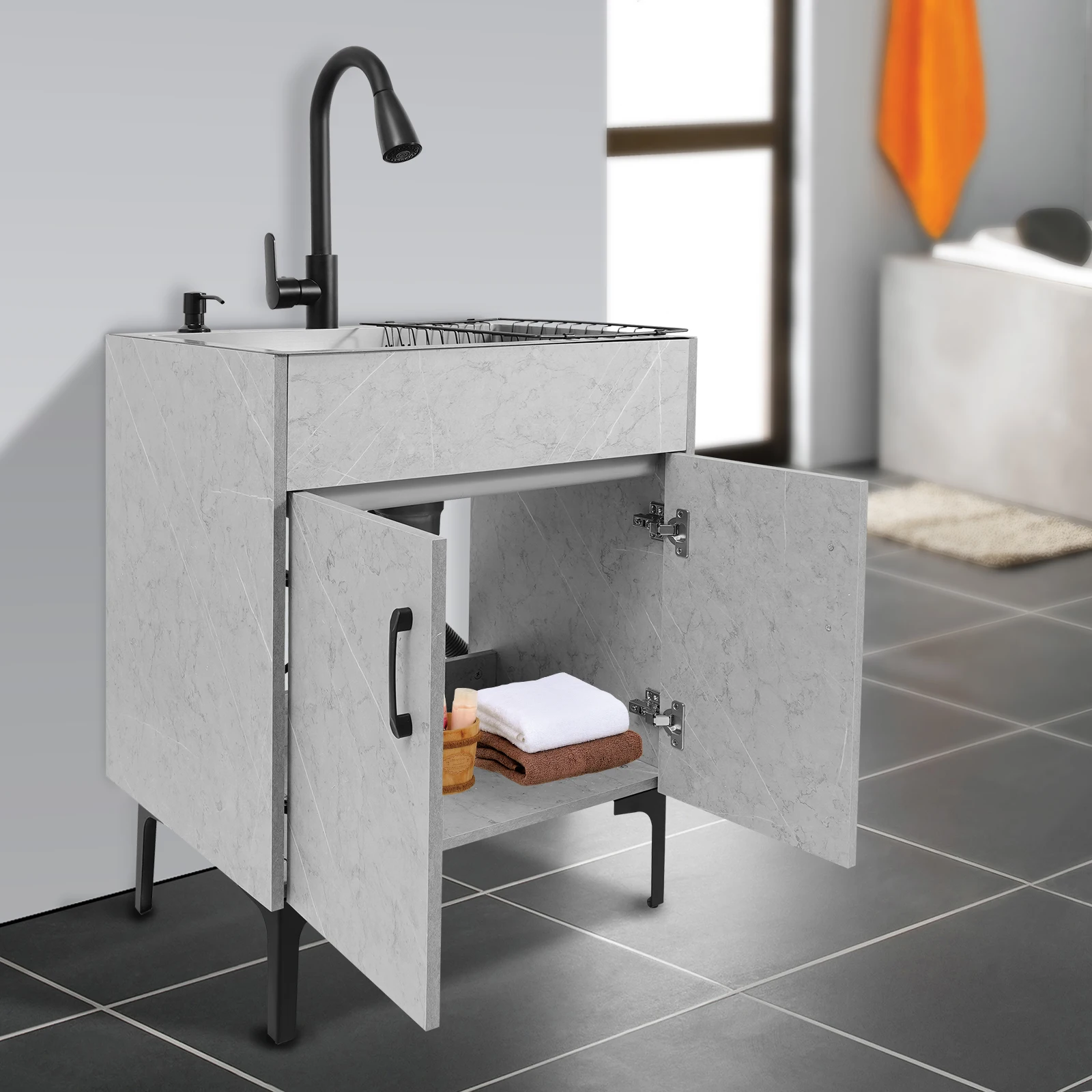Mobiletto lavello 60*45 cm con lavabo, rubinetto e cestello di scarico Set completo per proprietari di case e appaltatori per cucina e bagno Grigio chiaro