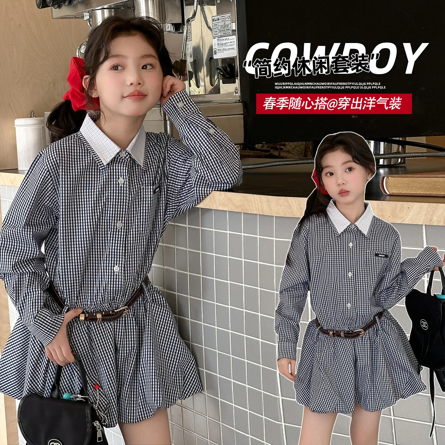 

Платье-рубашка 2026: Новинка весенней коллекции, корейский стиль, пэчворк, длинный рукав, ретро-клетка, детская одежда для девочек, тренд в стиле преппи