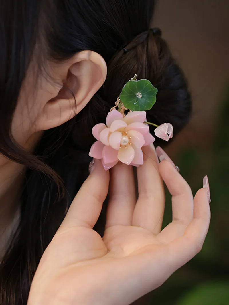 FXLRY Original Design Handmade Vintage Mori Lotus Leaf Pearl Hairpin Accessories