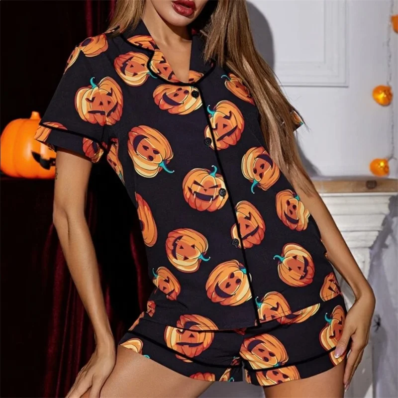 

2024 Halloween Silk Satin Pajamas Set for Women Pumpkin Print Button up T-Shirt and Elastic Shorts for Loungewear Soft Sleepwear