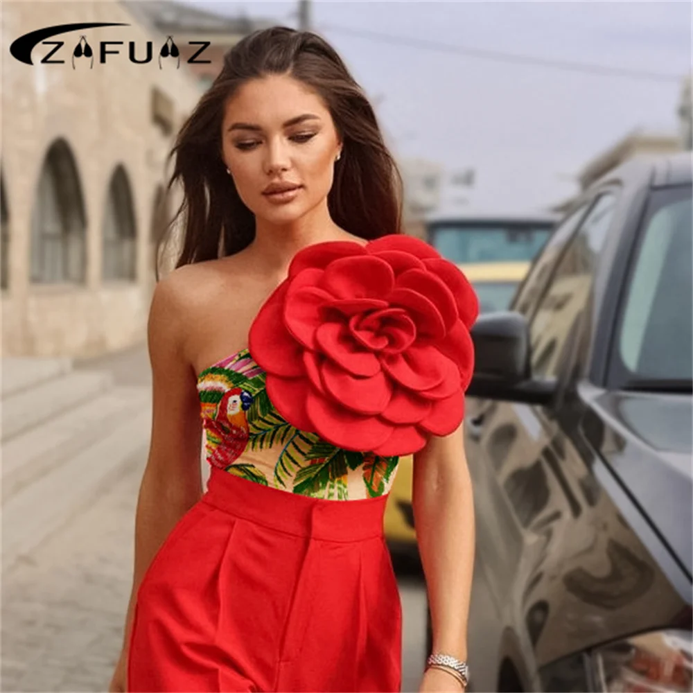 

ZAFUAZ 2024 New Sexy 3D Flower Off Should Bikini Solid Red Swimwear Skirt Women Luxury One Piece Swimsuit Beach Bathing Suit