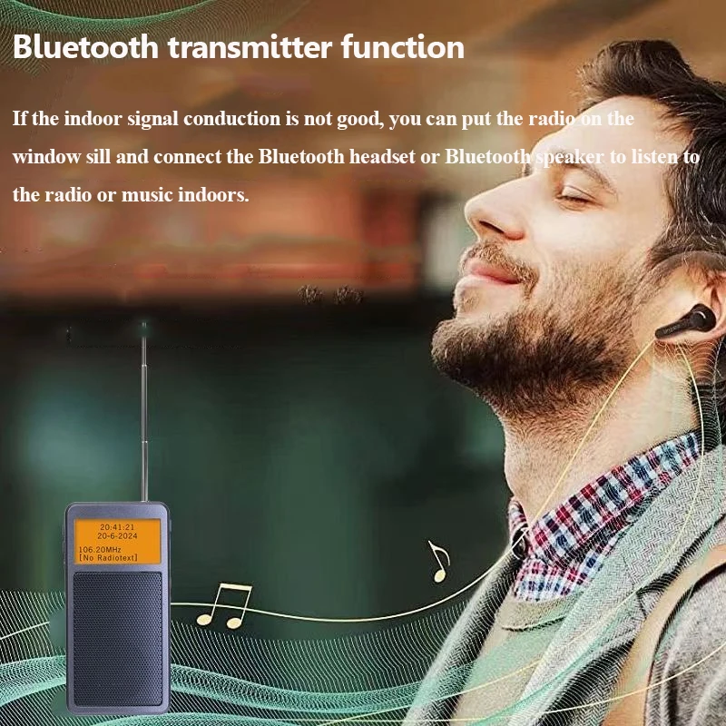 Mini Pocket FM Radio Portable Bluetooth Transmitte Radios with LED Display Wireless Music Player Support Alarm Clock Headphones