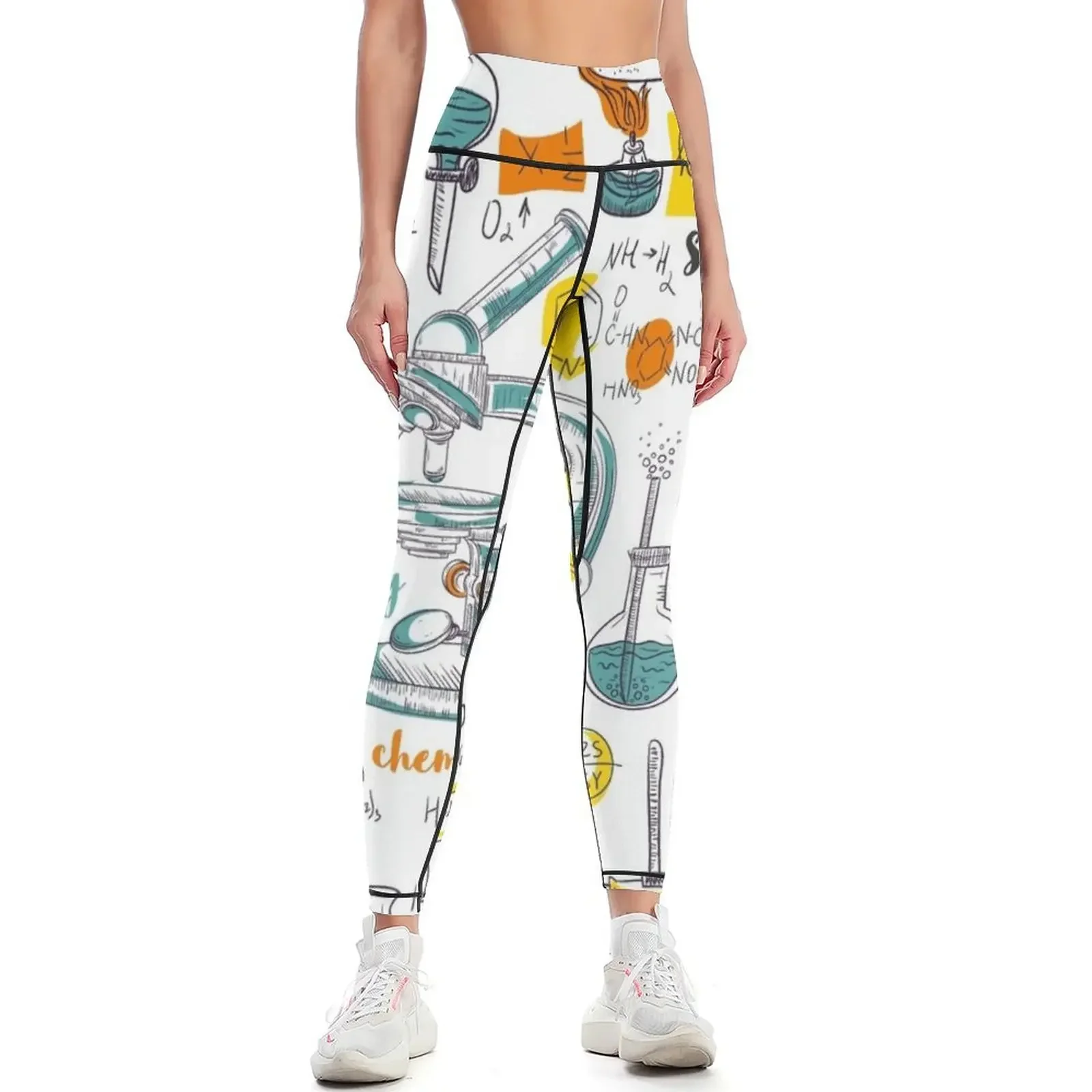 

Vintage seamless pattern old chemistry laboratory with microscope, tubes and formulas Leggings fitness set gym Womens Leggings