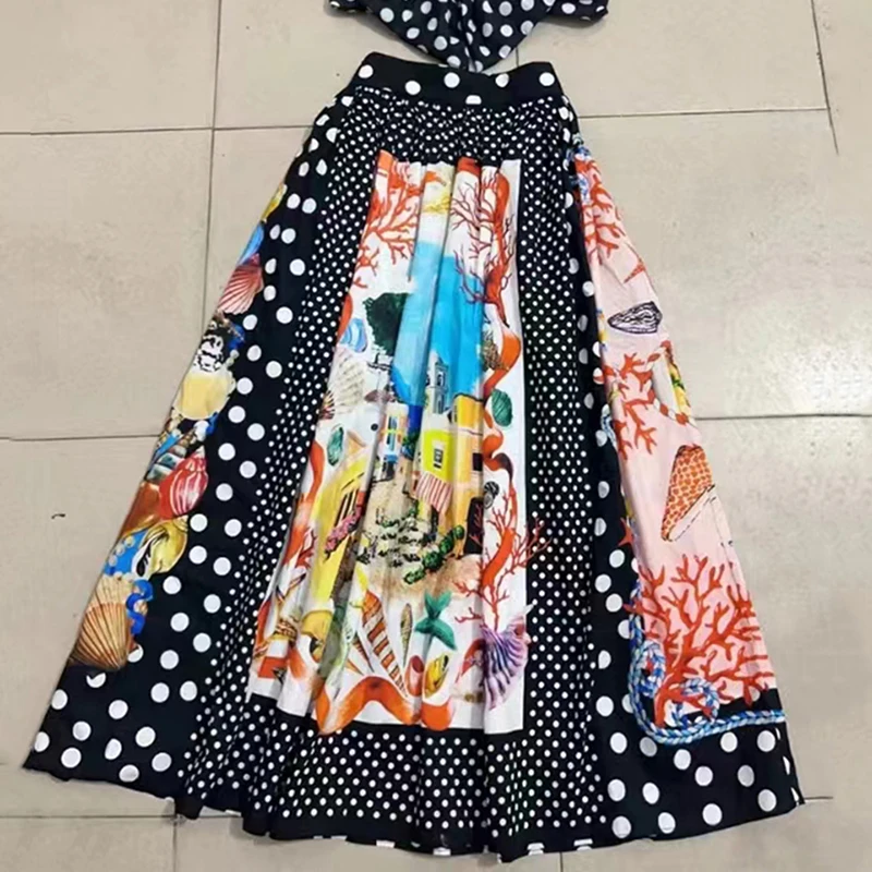 ONEINALL Retro Print Two Piece Set Women Square Collar Sleeveless Short Tops High Waist Printing A Line Skirts Set Female Summer