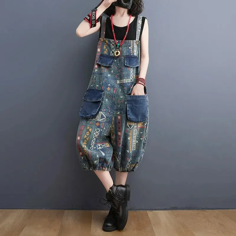 Printed Denim Shoulder Strap Lantern Pants For women 2024 Summer Loose Sleeveless Personalized Jumpsuit Female Casual Wear