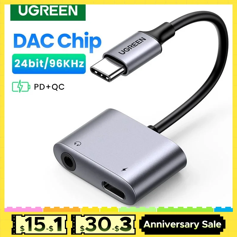 

UGREEN USB C to AUX Cable Adapter Type C 3.5mm AUX Earphone Converter DAC Chip PD QC Charging For Huawei iPad Pro Samsung Pixel