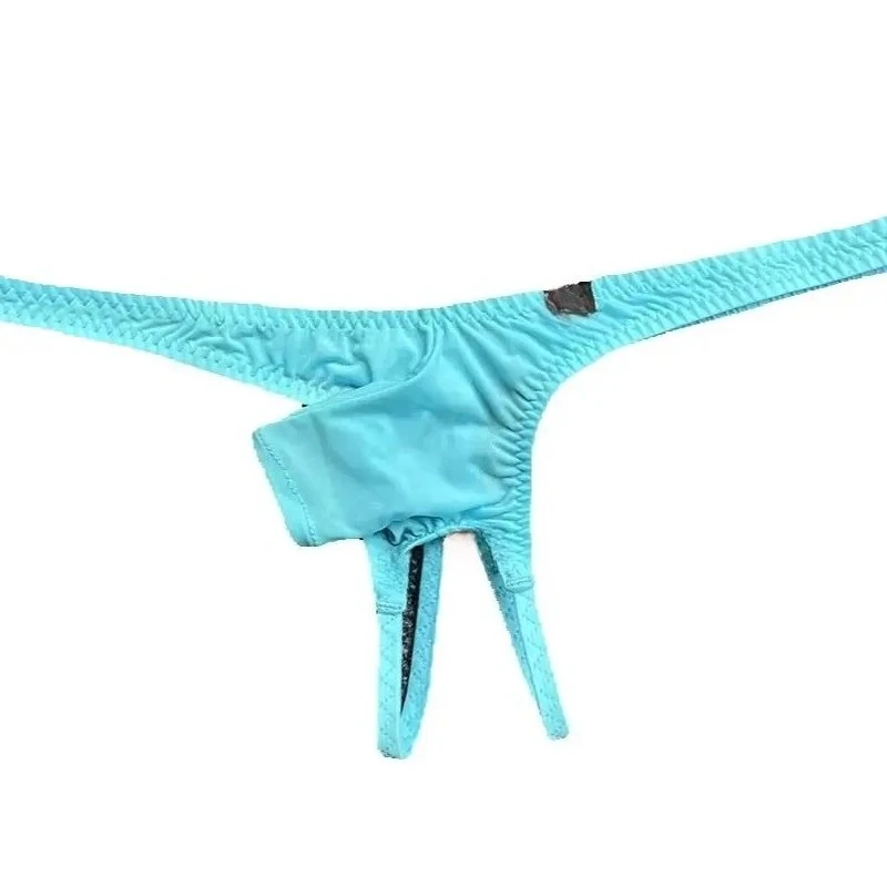 Low Rise Separated Open Pouch Men Thong, Thin Ice Silk Hollow Cut Double Strap, Elastic Sexy Male T-back Underpants