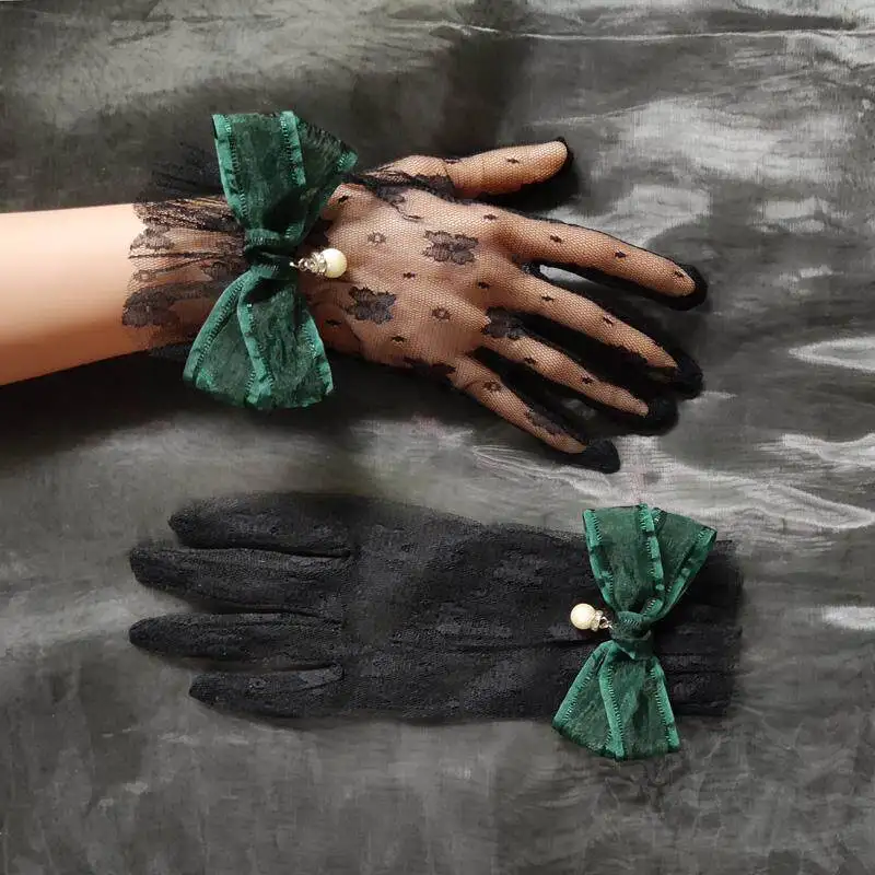 Black Lace Gloves Original Retro Elegant Lolita Hand Sleeves Bow Pearl Evening Dress Stage Accessories Women