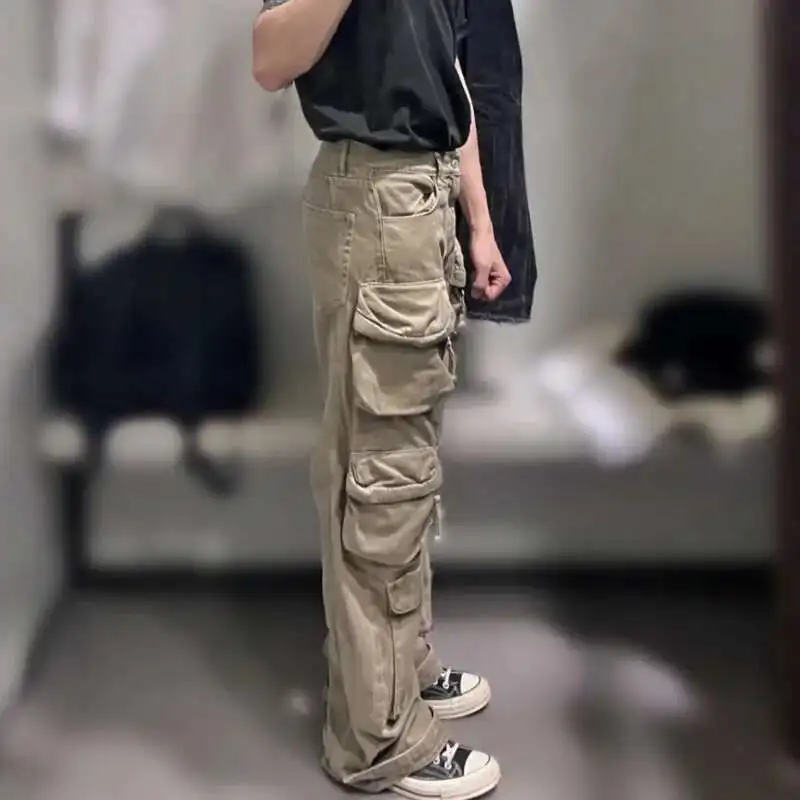 HKSH Men\'s Tide Safari Style Workwear Pocket Washing Heavy Industry Tactical Jeans Spring Autumn New Wide Leg Denim Pants HK0830