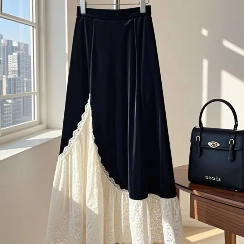 French Lace Velvet Women Skirt Patchwork A-line Autumn Winter Faldas Mujer Korean Fashion Elegant Retro Long Skirt 2025 New