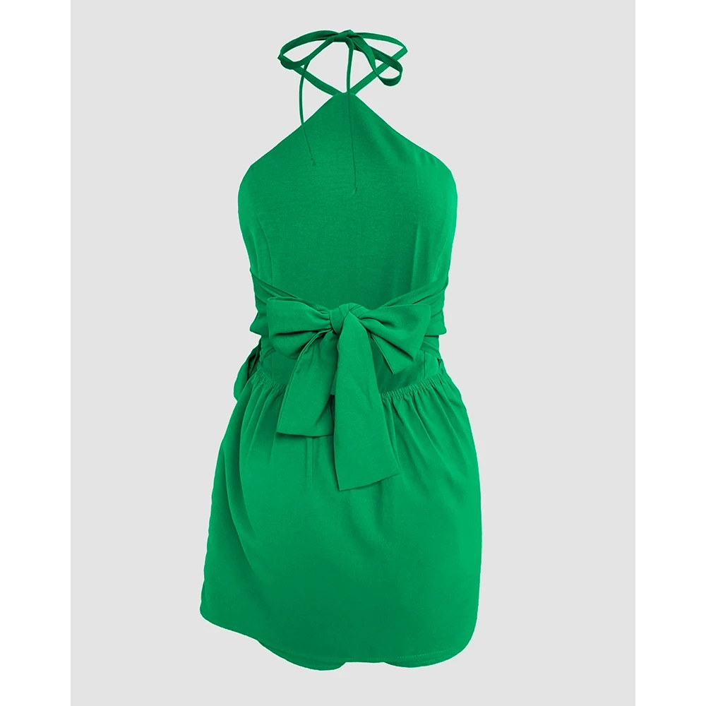 2025 New Halter Sleeveless Waist One Piece Romper Dress Sexy Slim Fit Tied Detail Romper