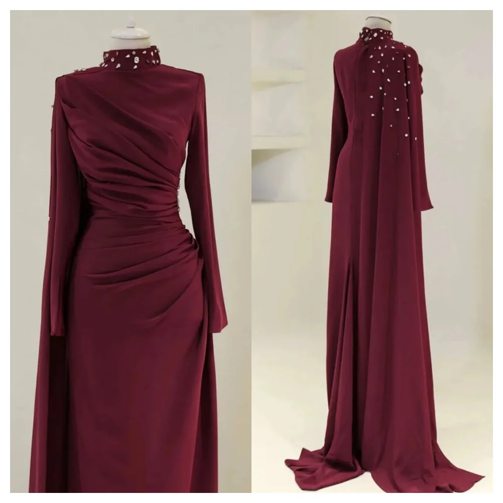 

Customized Modern Burgundy Satin Evening Dress Delicate High Neckline Long Sleeves Party Dress High Quality Celebrity Gowns
