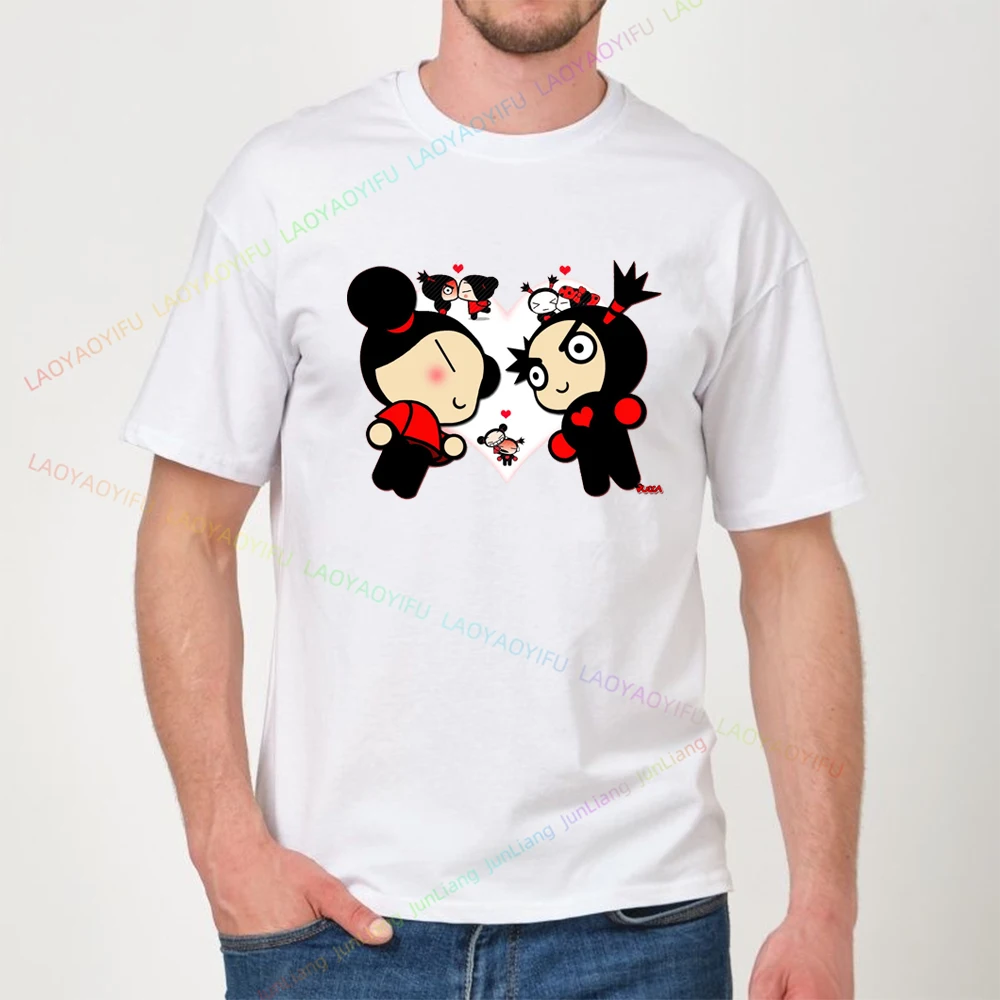 Camiseta de manga corta para parejas, camiseta con gráfico de amantes bonitos de Pucca y Garu Harajuku Anime Y2k, regalos divertidos, ropa de calle, Top para mujeres y hombres