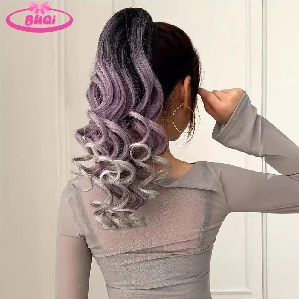 BUQI Claw Clip Ponytail Synthetic Hair Curly Ponytails Purple Grey Ombre Color Synthetic Hair Extension For Women