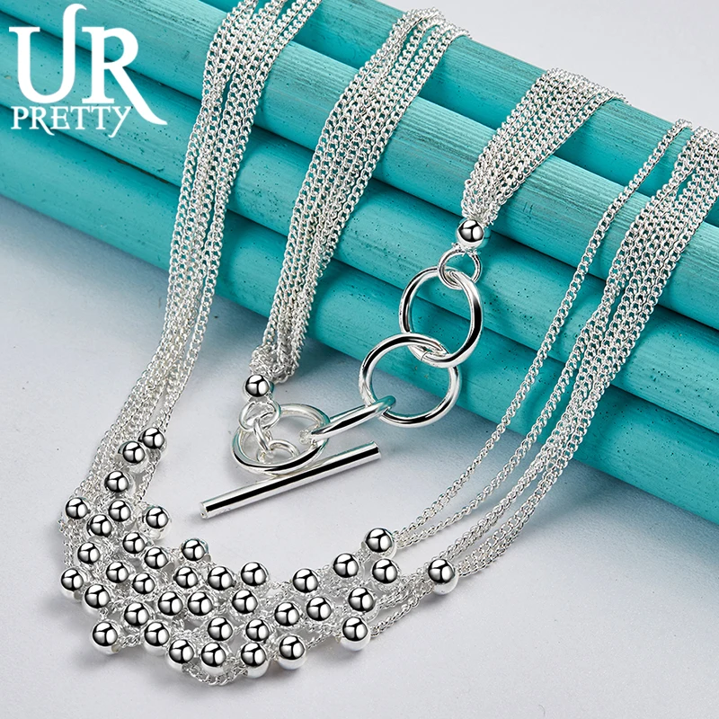 URPRETTY 925 Sterling Silver 18 Inches Six-Line Light Beads Necklace For Man Woman Party Wedding Engagement Charm Jewelry Gift