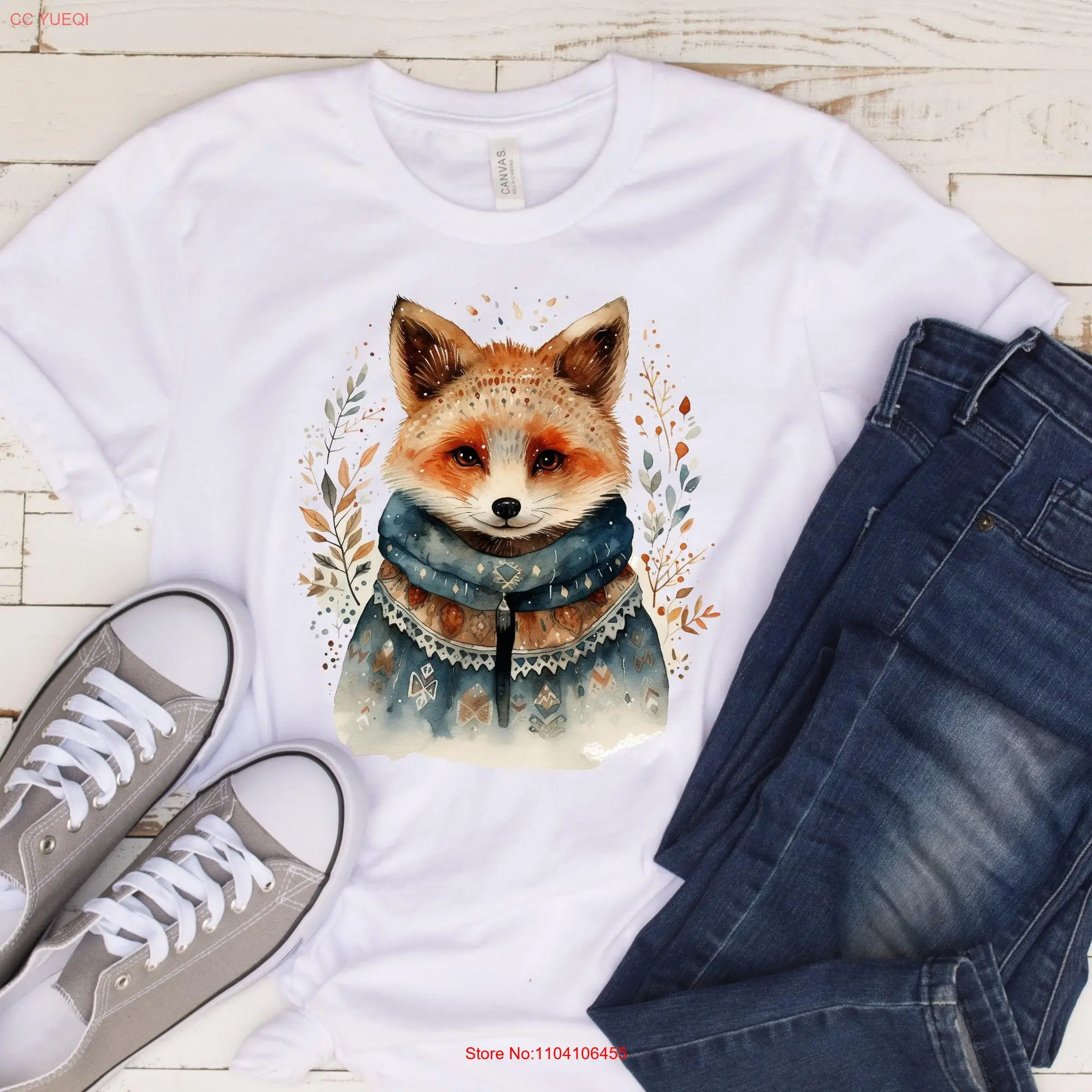 Cute Fox T Shirt Scandinavian Designs Boho Folk Art Woodland Wildlife Animal  long or short sleeves