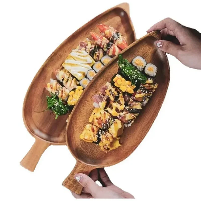 Wooden Leaf Shaped Waterproof Serving Plate Tray for Steak Sushi Grilled Meat Pizza Afternoon Tea Commercial Use As Tableware