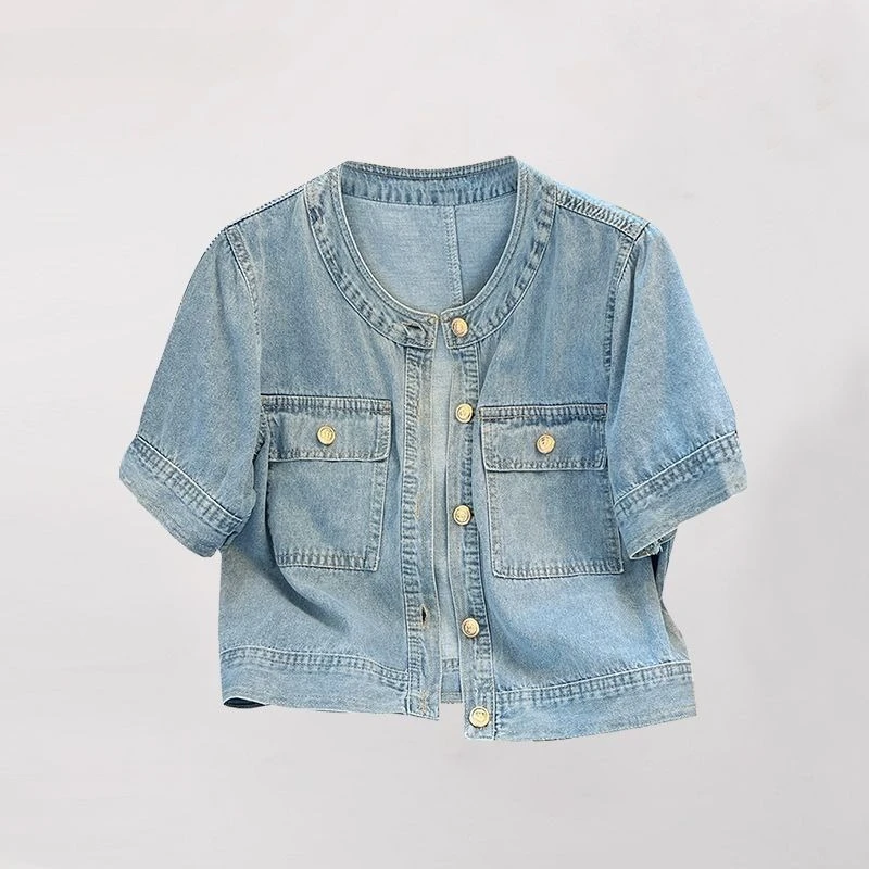 

Short Sleeve Thin Denim Jackets Summer O-neck Single Breasted Pockets Korean Tender Vintage Outwear Loose Office Lady New Tops