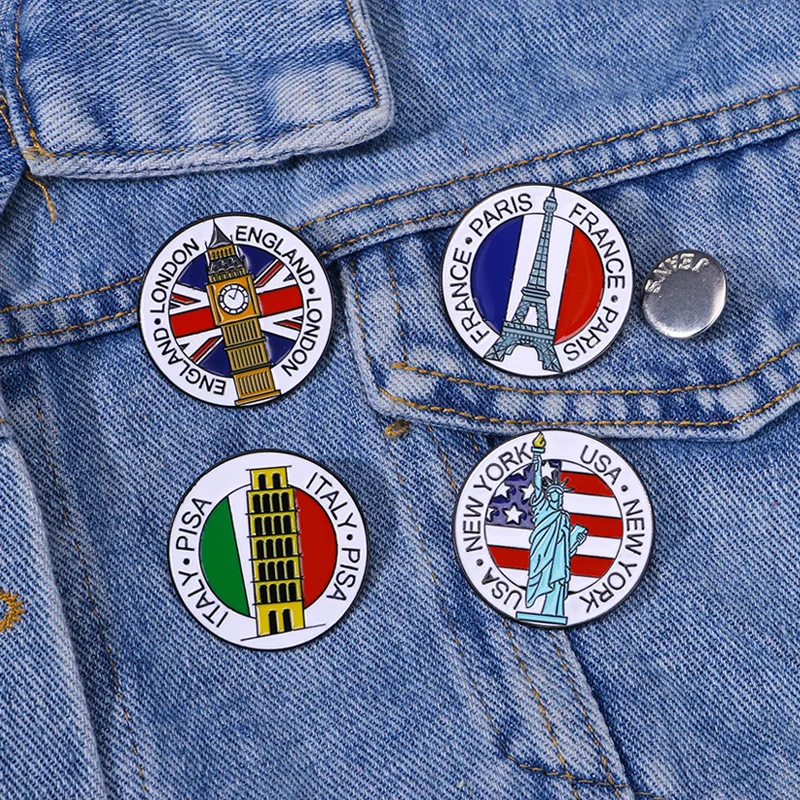 

Creative Travel Brooch Paris Eiffel Tower London Big Ben Italy Bisar Leaning Tower New York Liberty Flag Badge Punk Pins Jewelry