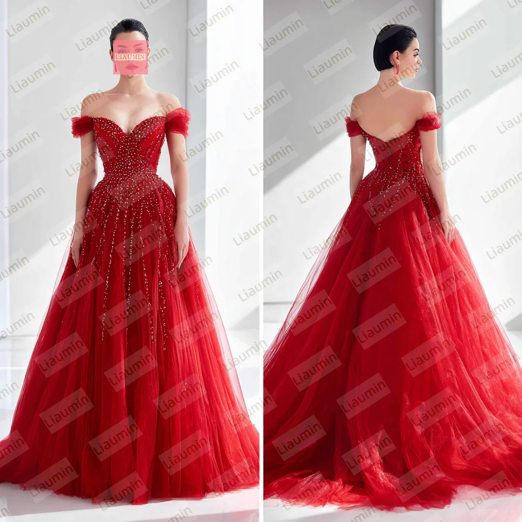 Red A Line Lace Applique Beading Off The Shoulder Wedding Formal Prom Dresses Bridal Floor Length Customized Hand Made W19-41