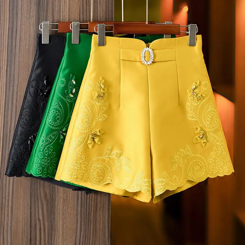 

Summer Women High Waisted Rhinestone Embroidery Green Yellow Black Shorts , Woman Clothing Appliques Flower Shorts