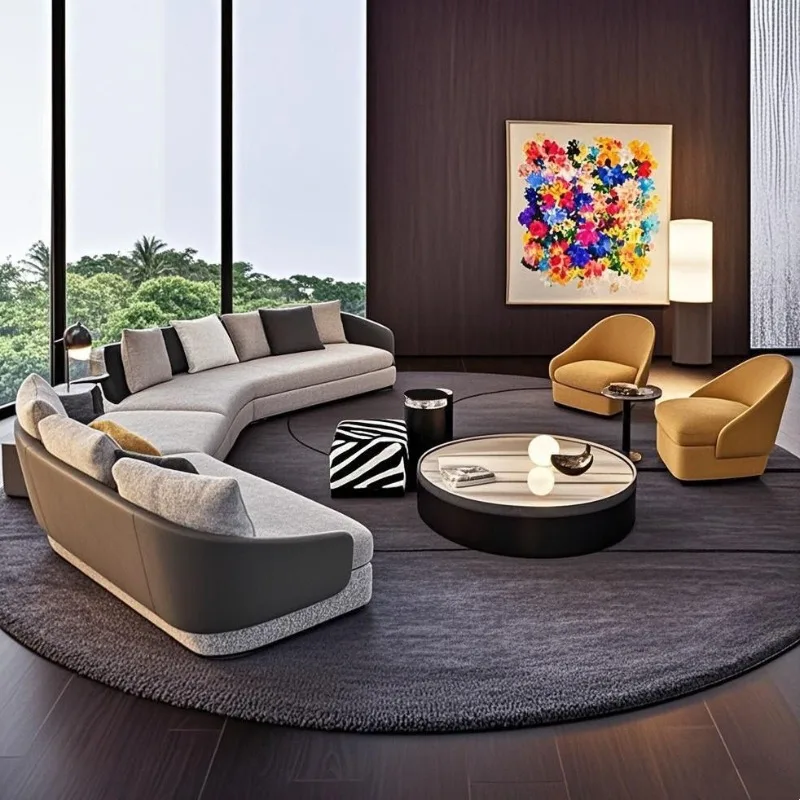 Simple curved beauty salon hotel lobby office lounge area semi-circular solid wood combination color matching large sofa