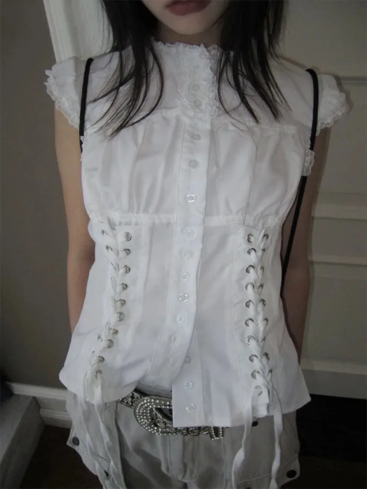 

Y2k Aesthetic Ladies Single Breasted Tops Harajuku Vintage Bandage Grunge Shirt Women Lace Patchwork Slim Sweet Cropped Blouse