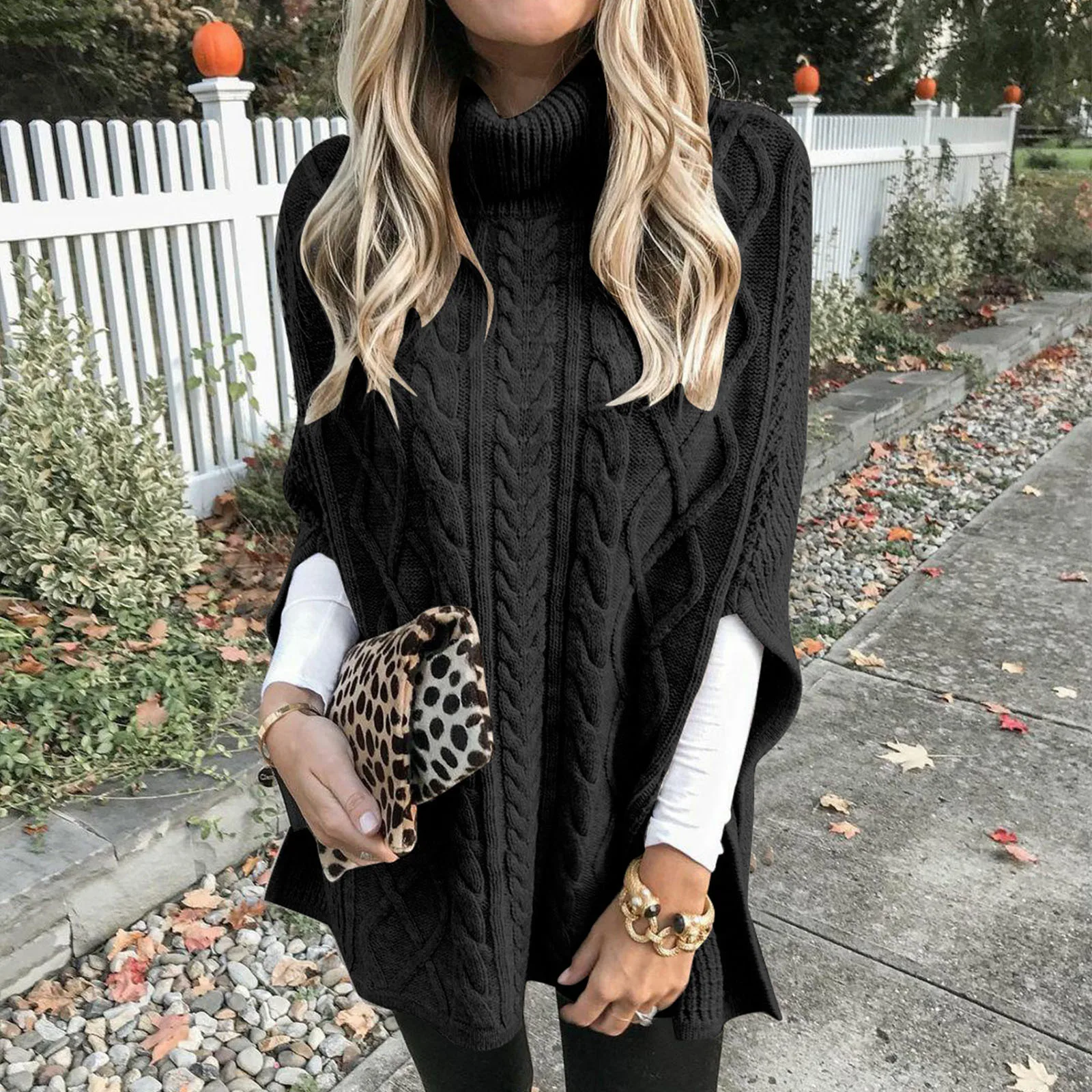 Women Solid Color Turtle Neck Sweater Twist Braid Knitted Shawl Pullover Casual Oversize Long Sleeve Loose Tops