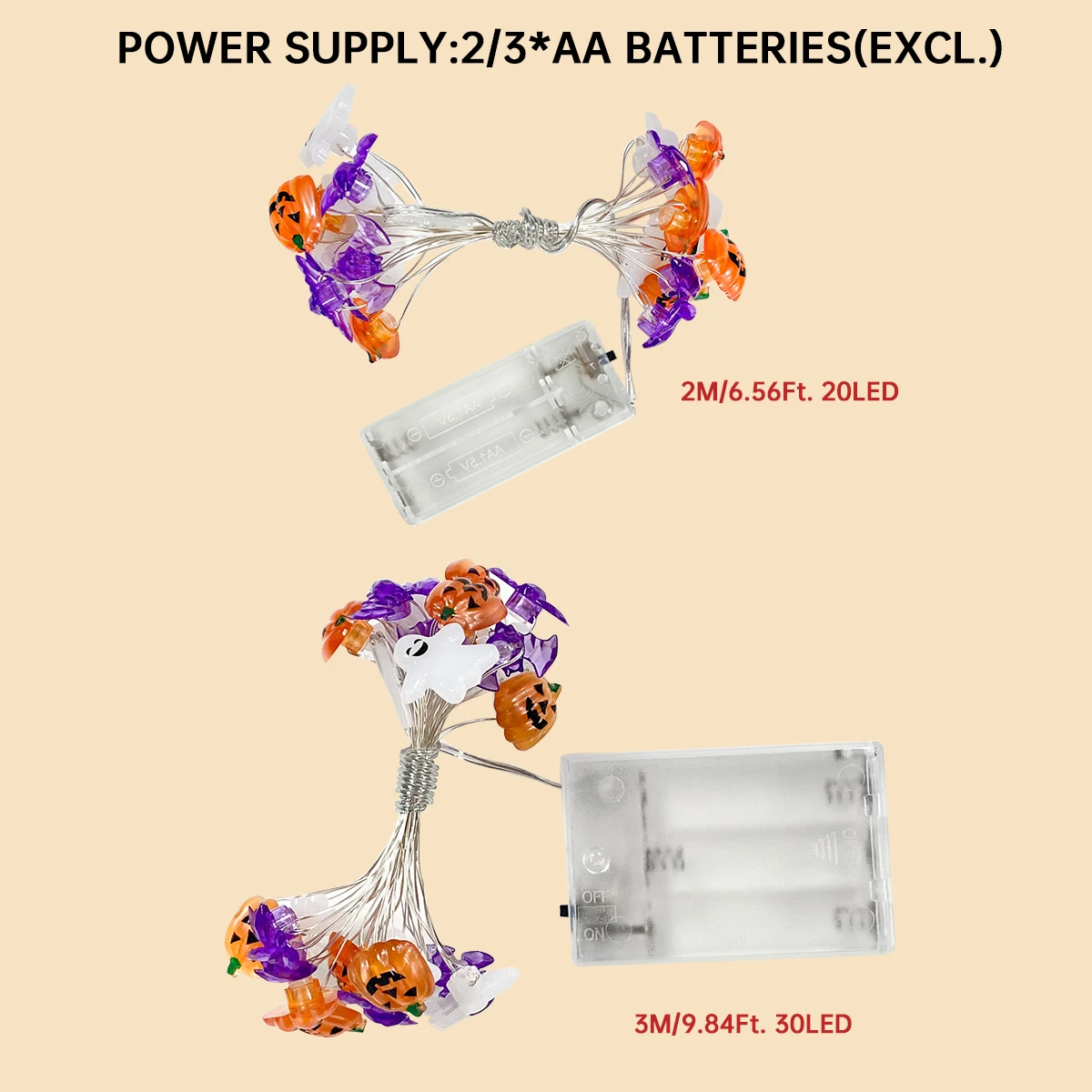 Luz da corda do fio do dia das bruxas com mini fantasma, abóbora, morcego, impermeável, lâmpada da atmosfera das fadas, a pilhas, 1PC, 20 LED, 30 LED