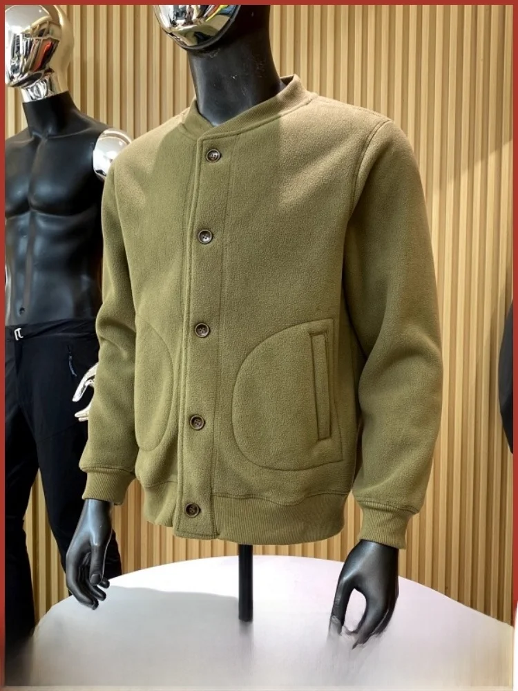 

Retro Fce Lined Baseball Collar Sweatirt Jaet for Men Warmth Youth Faion Polyester Fiber Long Sve Button Closure