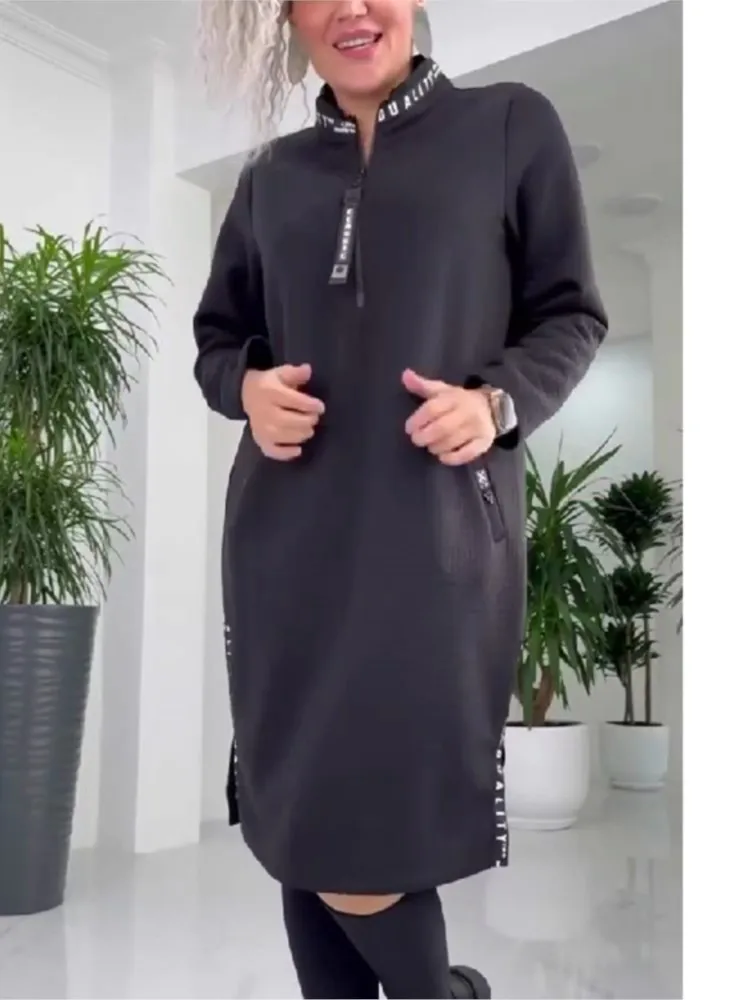 

New Autumn And Winter Loose Semi-zipper Knitted Dress Large Size Solid Color Mid-length Fashion Casual Long-sleeved Top Dress