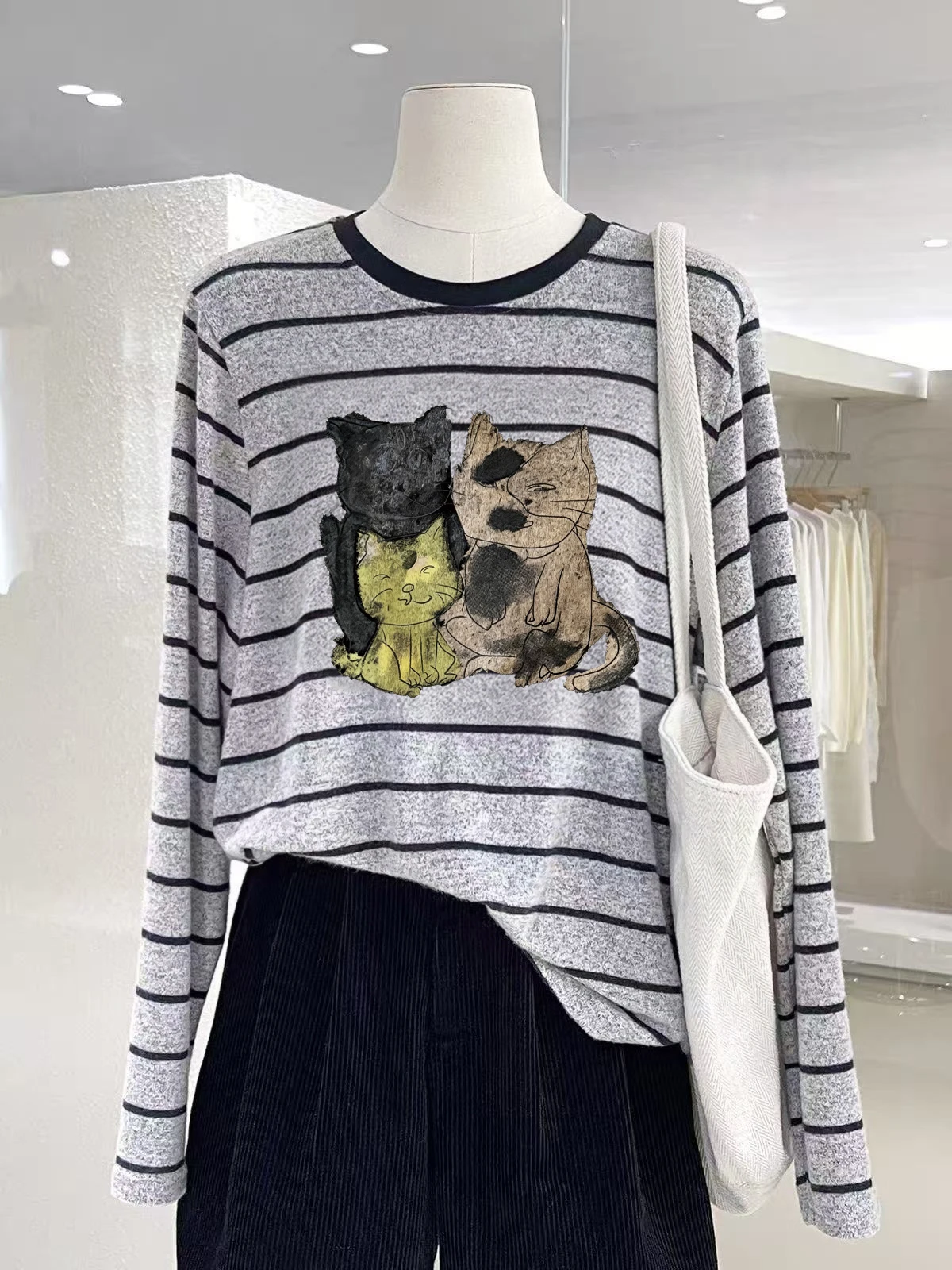 Retro Anti-Aging Lazy Style Cashmere Texture Striped Color Block Long Sleeve T-Shirt Comfortable Versatile Women's Top