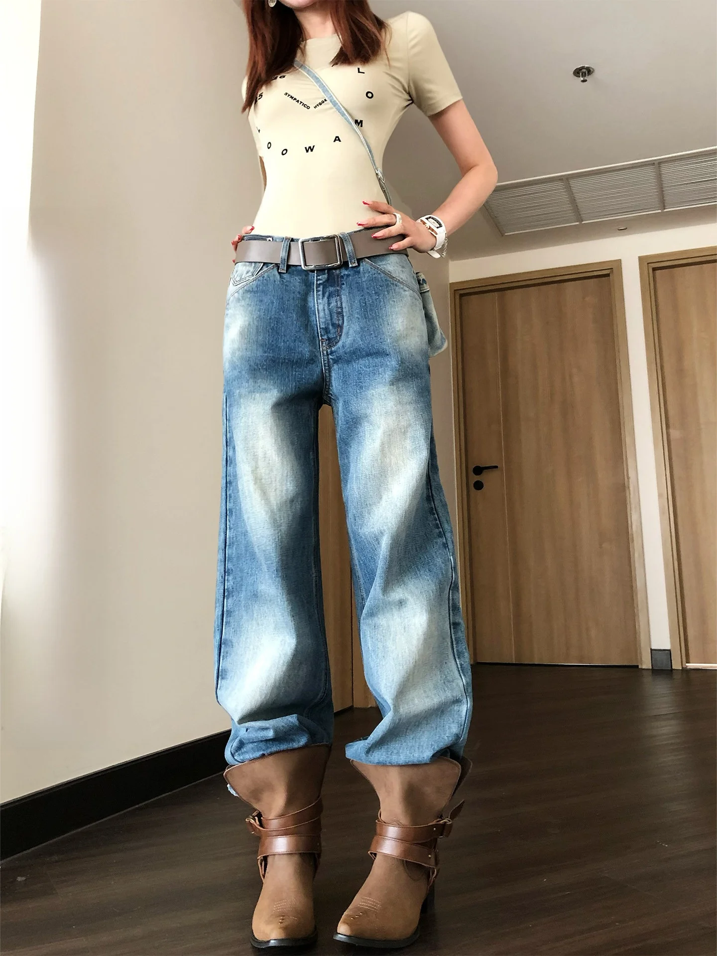 

Loose Straight Leg American Retro Denim Jeans Women's Daily Wide Leg Floor-Length Long Trousers High Elastici Cotton Pants