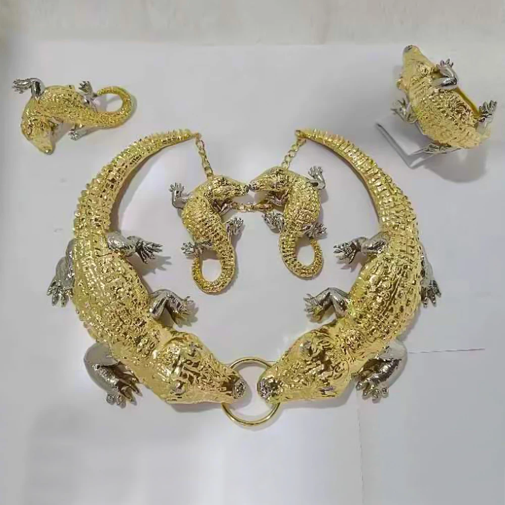 Crocodile Jewelry African Earrings Set Fashion Women Gold Plated Ring Bracelet Wedding Necklace Pendant Dubai Pendant Party Gift