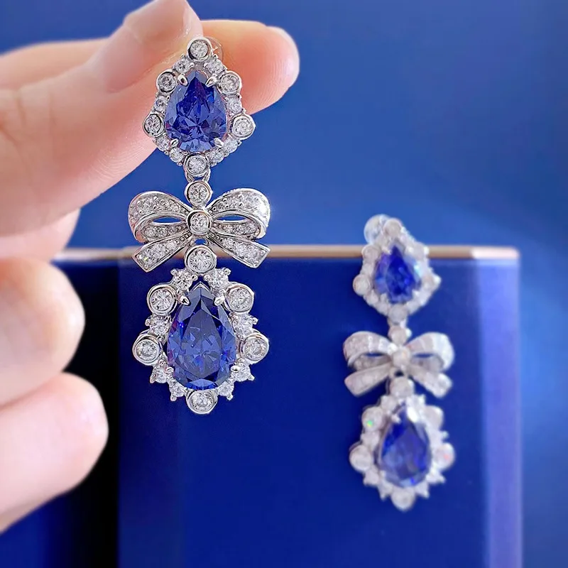2022 new fashion drop-shaped tanzanite blue earrings for women 8*12 imitation sapphire European and American long