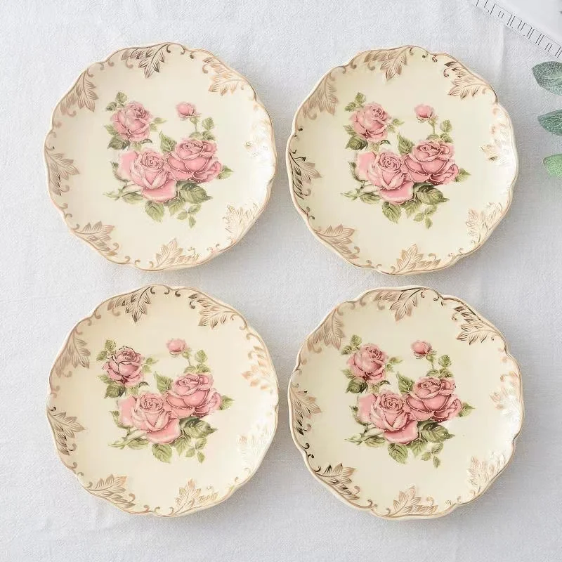 Rose Flower Hand Painted Coffee Cup Saucer Nordic Dessert Pastry Plate Fruit Snack Dish Tableware Household Kitchenware