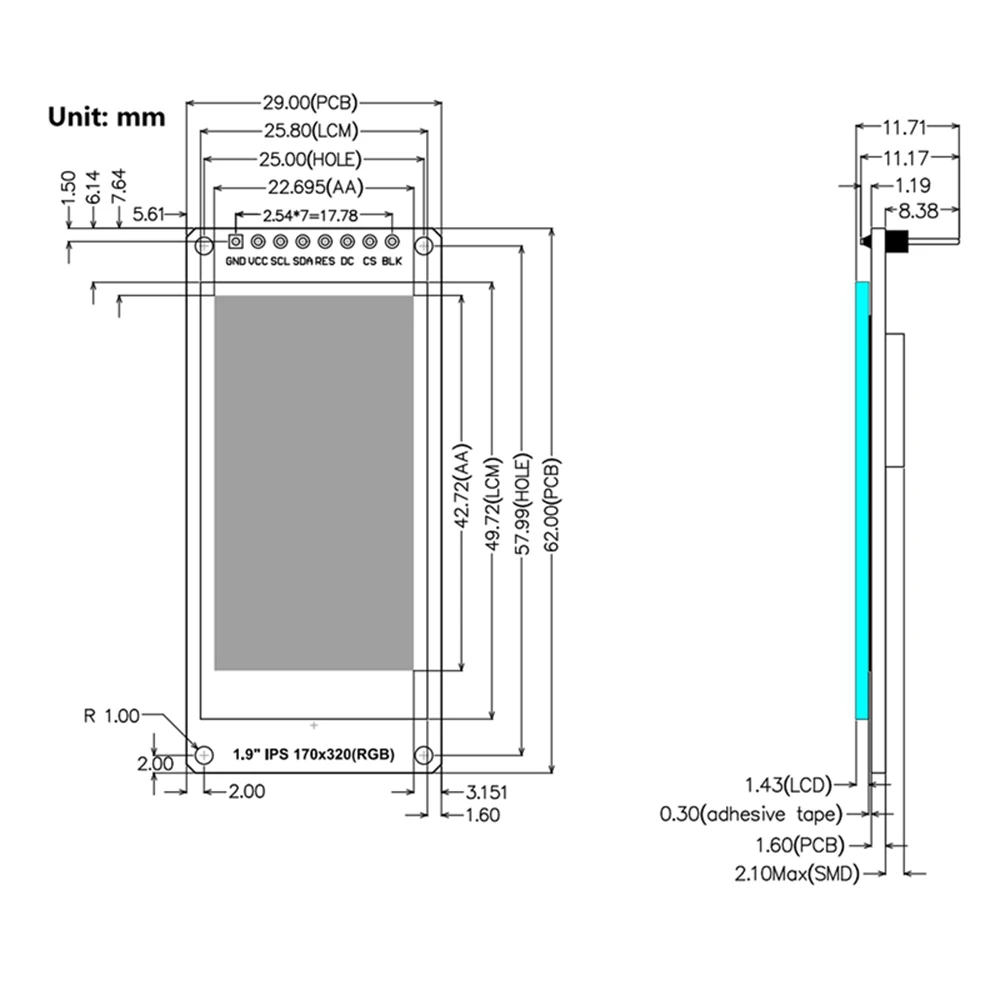 Imagem -03 - Ips Full Ângulo Tft Tela Tela Lcd Módulo de Exibição a Cores Spi Serial Port Alta Definição 170x320 Driver St7789 1.9