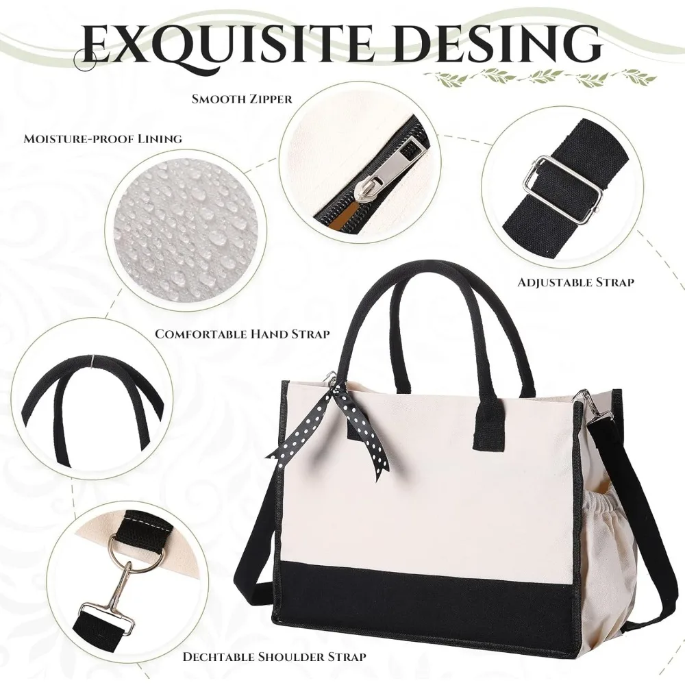 حقيبة قماشية مع أشرطة كتف، 8 عبوات، أبيض وأسود، جيوب بسحاب، مثالية لتسوق البقالة، هدية نسائية، DIY #4
