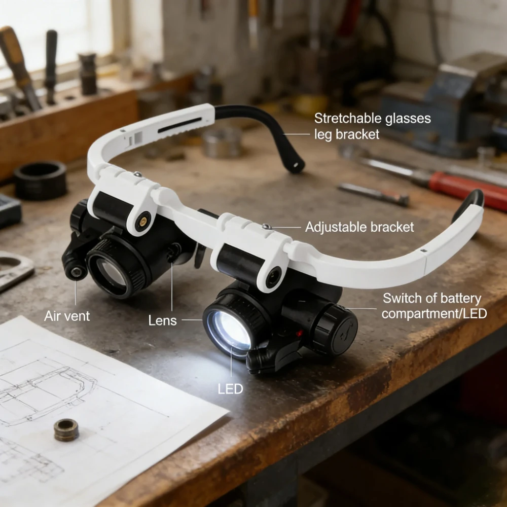 Adjustable Headband LED Magnifier Head Mounted Eyeglasses Loupe for Watch Jeweler Repair 8X 15X 23X Lens