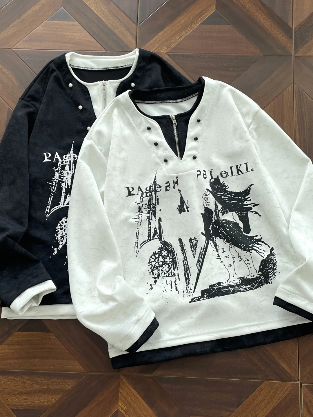 Y2K Subculture Knight Castle Print Long Sleeve Sweatshirt Fake Two-Piece Loose Henry Shirt Early Autumn New Style Men's T-shirt