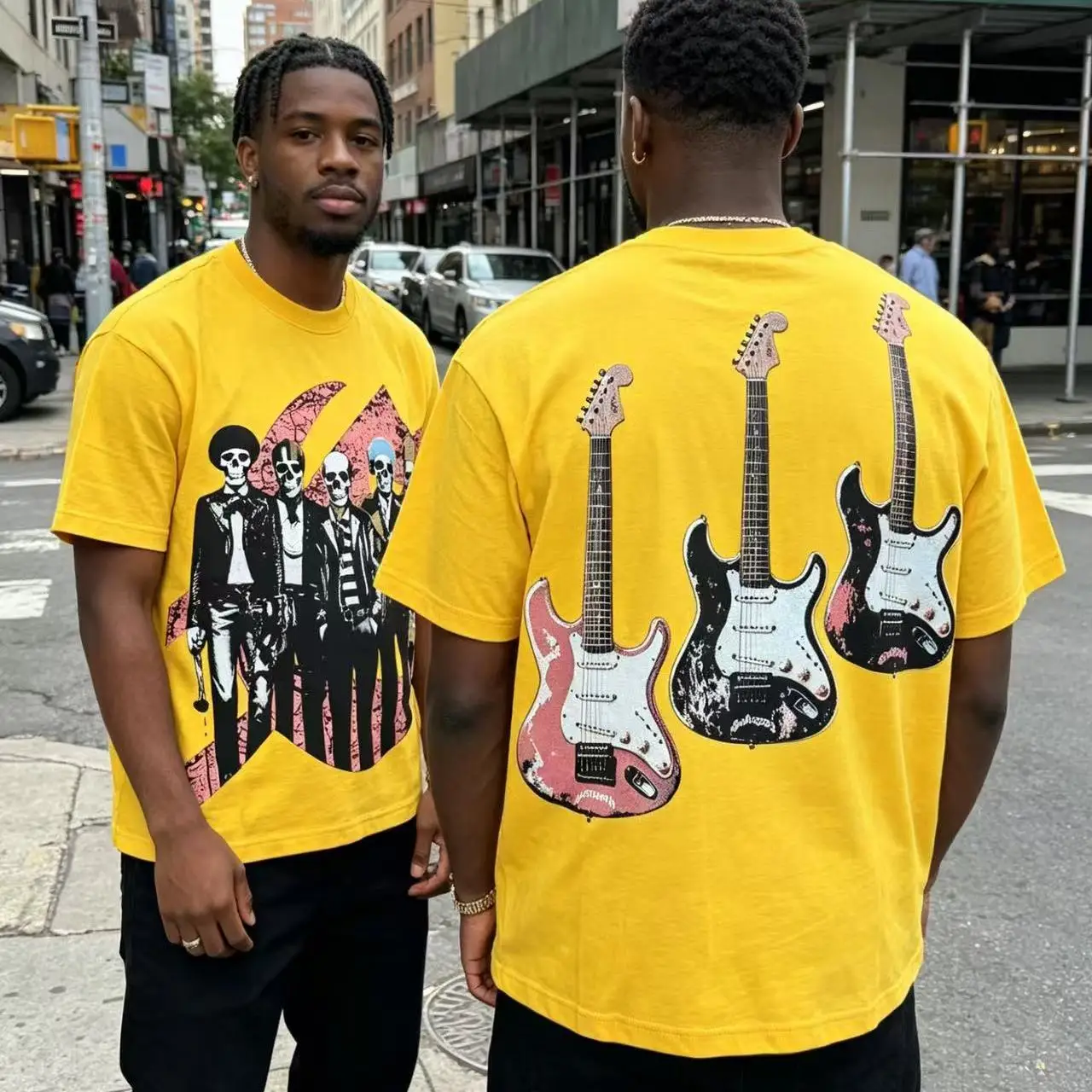 Godspeed Retro Skeleton Guitar American Streetwear Loose Fit Pure Cotton Short Sleeve T-Shirt High Street Hip Hop Style