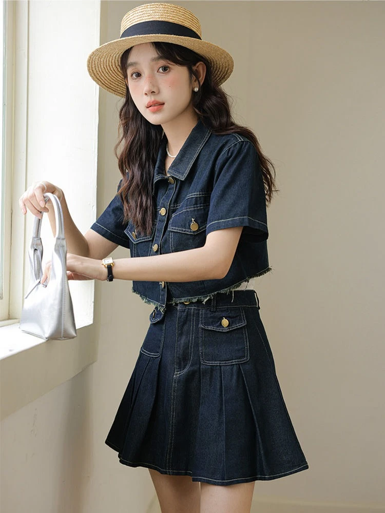 

2 Pieces Skirt Sets for Women Denim Full Top and Bottom Clothing Trend 2025 New Arrivals Stylish Festival Pleated Woman Outfit