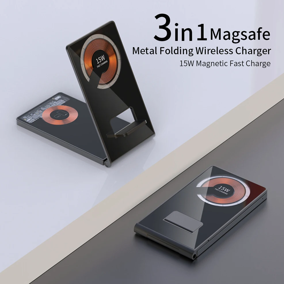 Double 15W Foldable Transparent Magnetic Qi Wireless Charger Stand For iWatch iPhone 15 14 13 Pro AirPods Fast Charging Station