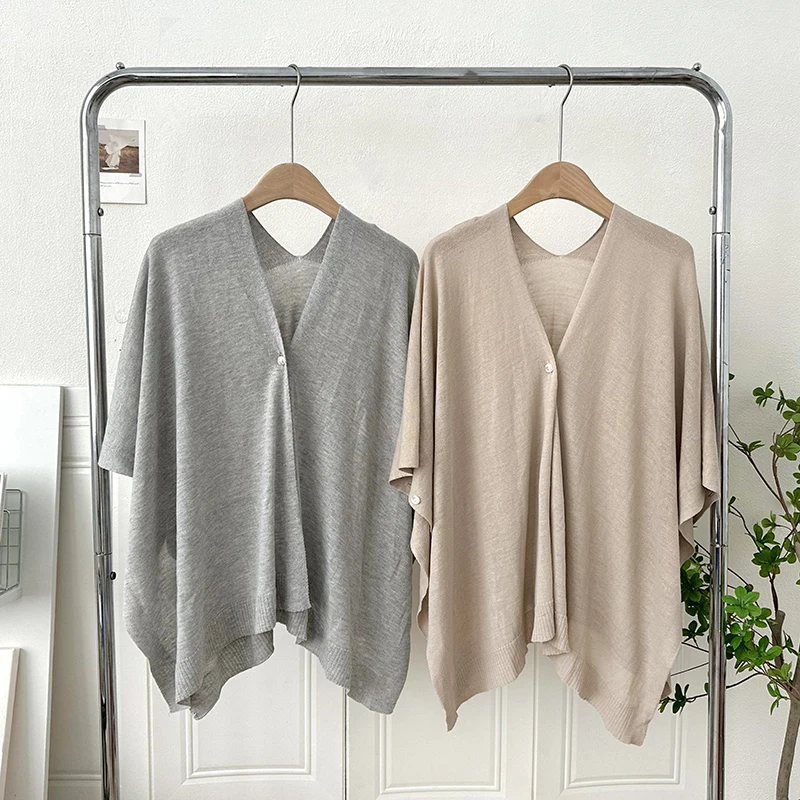 Women's Sunscreen Poncho Shawl New Style Thin Summer Cape Pure Color Knitted Cardigan Versatile Cape Cloak for All Seasons P1