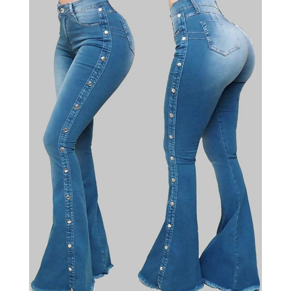 Wiltshire-Jeans évasés taille haute déFlexpour femmes, pantalons skinny cloutés sur le côté, denim décontracté, vintage