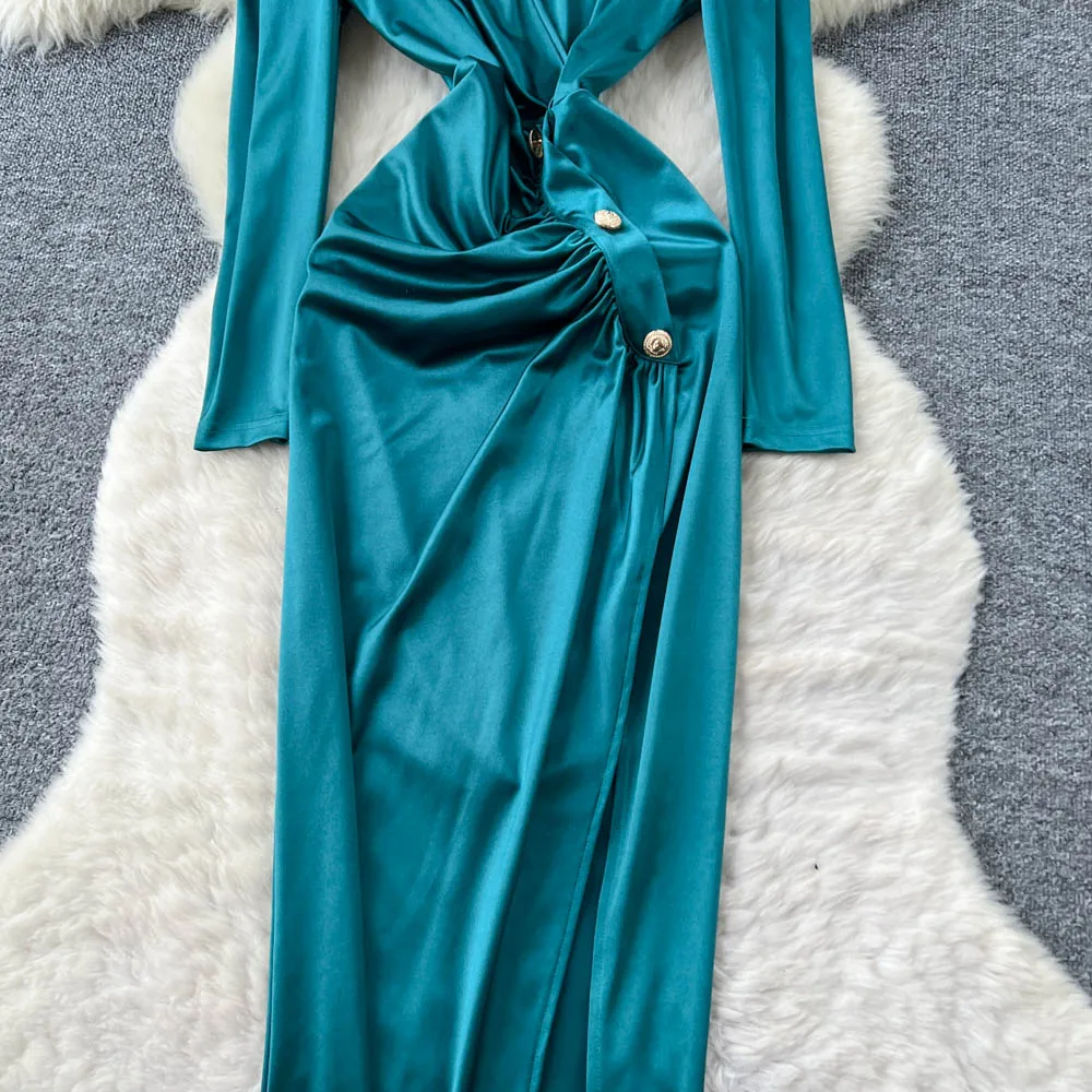 Vintage manga longa cetim com decote em v elegante cerimônia de fadas vestidos hotsweet roupas femininas vestido lápis