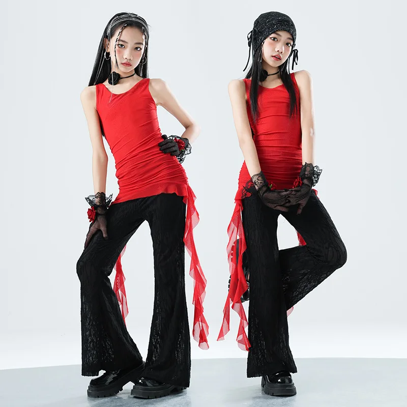 

Fashion Girls Catwalk Performance Clothing K-pop Stage Outfits 3 Pcs Red Costume Jazz Hip-hop Street Dance Clothes XH2732