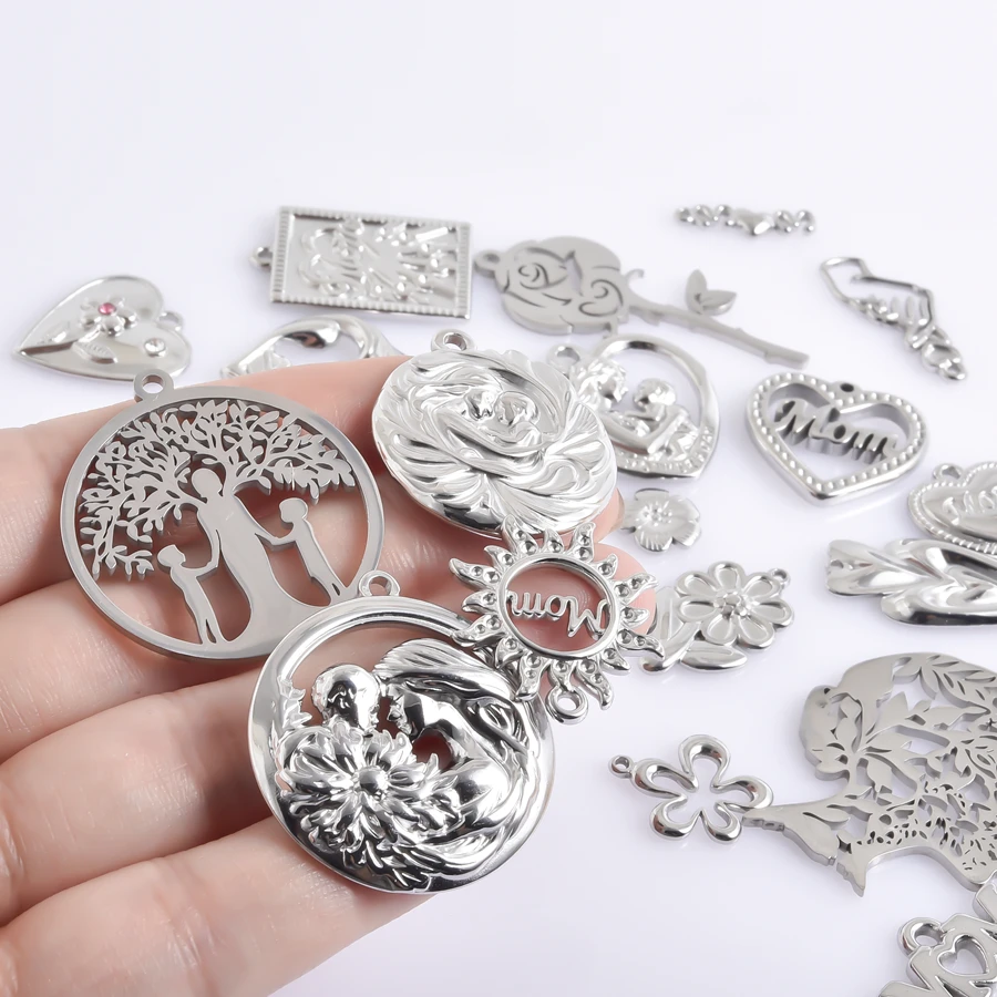 10pcs Great Maternal Love Mom Children Personality Pendant Heart Hollow Steel Color No Fading Rose Flower Mother's Day Pendants